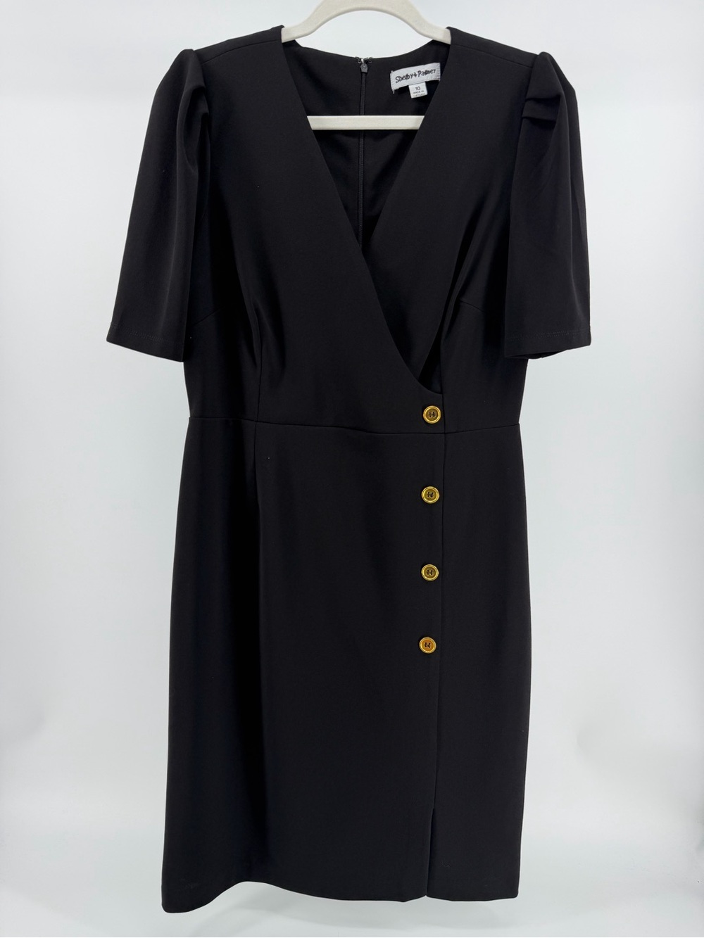 Shelby & Palmer Black Surplice V-Neck Short Sleeve Dress, Women's 10